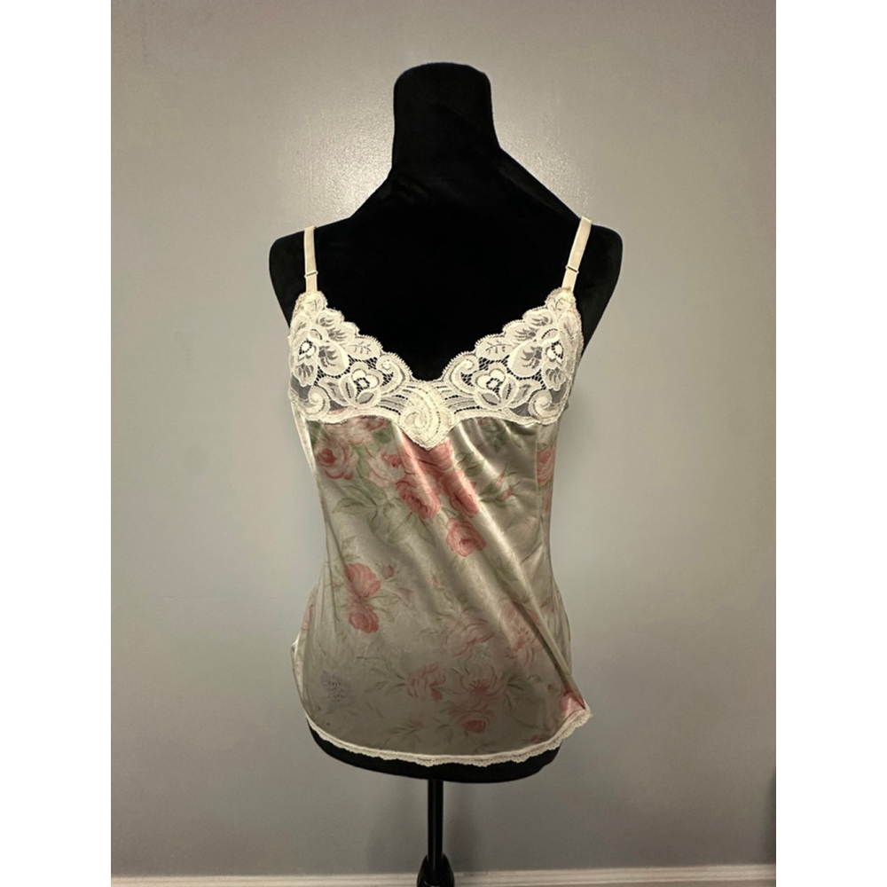 Vintage Vanity Fair Sage Green Pink Floral Lace Chemise Slip Size 34